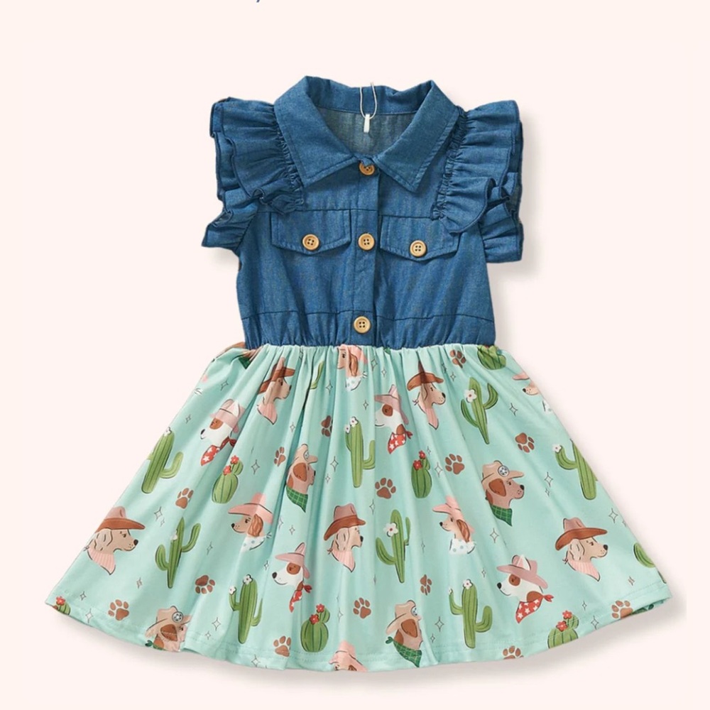 Adorable Denim and Green Cactus Print Kids Dress